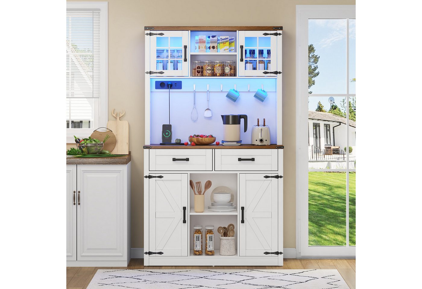 Flieks Küchenbuffet mit LED-Beleuchtung, Steckdosen und Haken (1-St., B100/T40/H172 cm) Hochschrank Küchenschrank Geschirrschrank mit verstellbare Ablagen – Bild 3 von 5