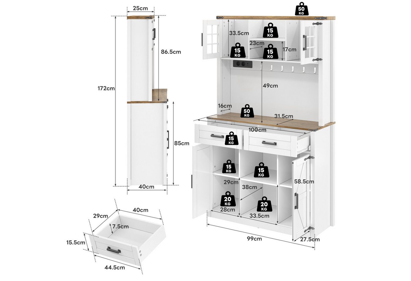 Flieks Küchenbuffet mit LED-Beleuchtung, Steckdosen und Haken (1-St., B100/T40/H172 cm) Hochschrank Küchenschrank Geschirrschrank mit verstellbare Ablagen – Bild 4 von 5