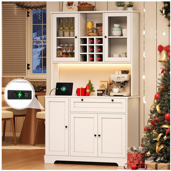 Flieks Küchenbuffet mit Steckdose, LED-Beleuchtung, Weinregal, Glastüren und Türablagen (1-St., 105x40x180 cm) Hochschrank Küchenschrank Geschirrschrank mit ver