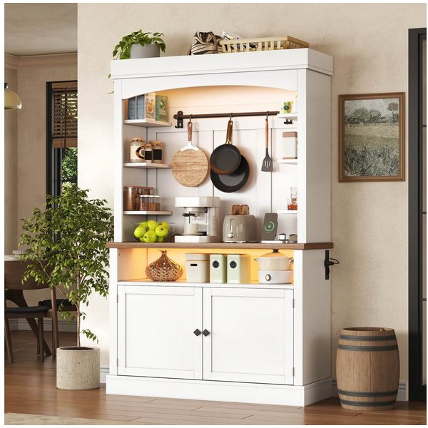 Flieks Küchenbuffet mit Steckdose, LED-Beleuchtung, Haken und Ablagen (1-St., 106x43x183 cm) Hochschrank Küchenschrank Buffetschrank mit Arbeitsplatte Weiß