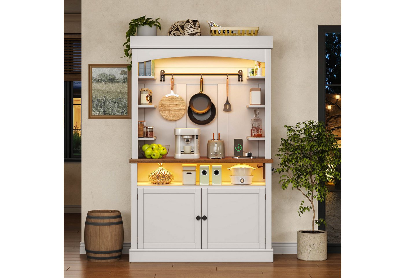 Flieks Küchenbuffet mit Steckdose, LED-Beleuchtung, Haken und Ablagen (1-St., 106x43x183 cm) Hochschrank Küchenschrank Buffetschrank mit Arbeitsplatte Weiß – Bild 2 von 5