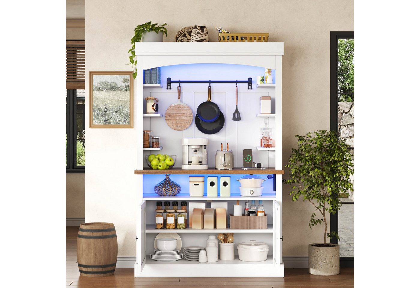 Flieks Küchenbuffet mit Steckdose, LED-Beleuchtung, Haken und Ablagen (1-St., 106x43x183 cm) Hochschrank Küchenschrank Buffetschrank mit Arbeitsplatte Weiß – Bild 3 von 5
