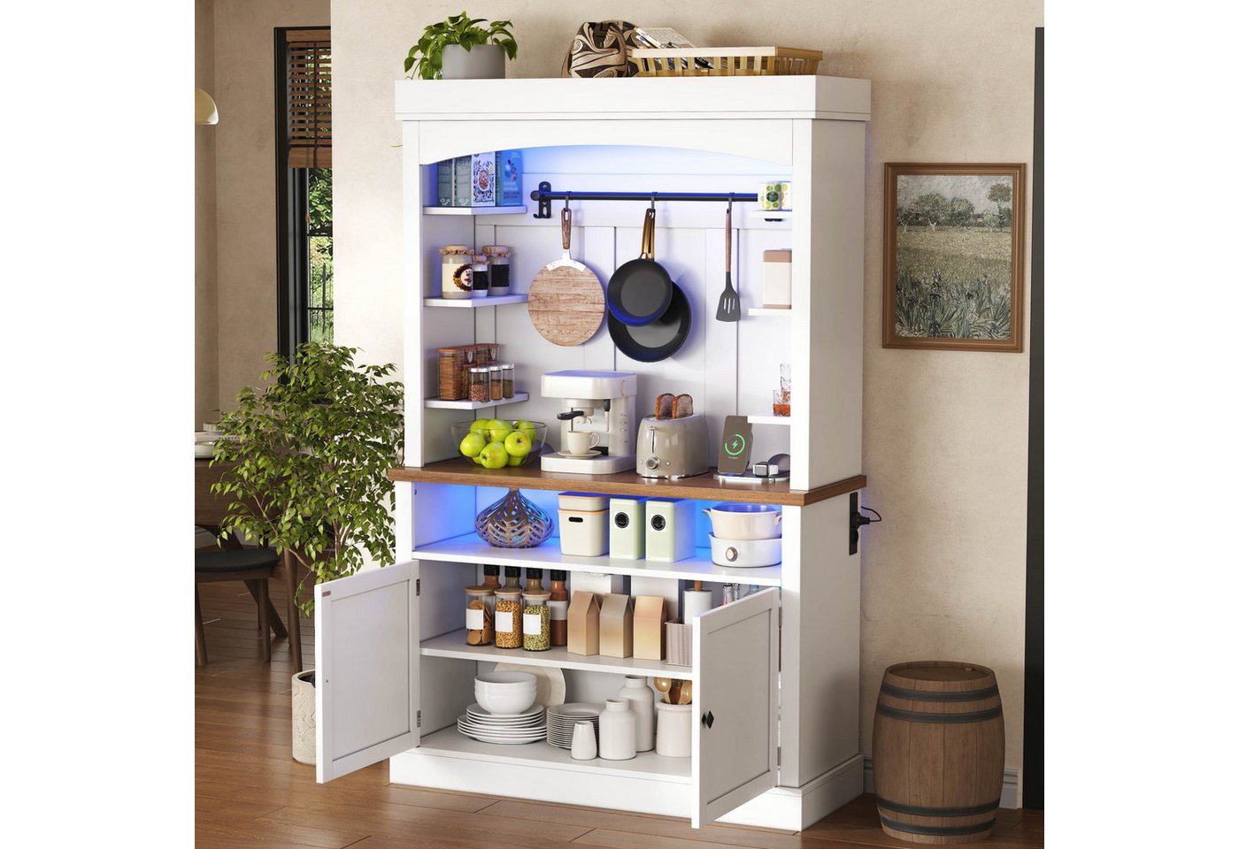 Flieks Küchenbuffet mit Steckdose, LED-Beleuchtung, Haken und Ablagen (1-St., 106x43x183 cm) Hochschrank Küchenschrank Buffetschrank mit Arbeitsplatte Weiß – Bild 4 von 5