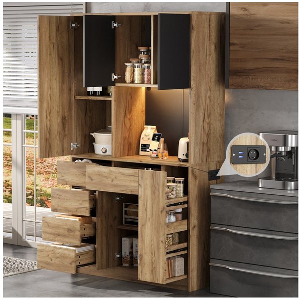 Flieks Küchenbuffet mit Steckdose, LED-Beleuchtung, Schubladen und Türen in Holzoptik (1-St., 105x40x185 cm) Hochschrank Küchenschrank Geschirrschrank mit verst