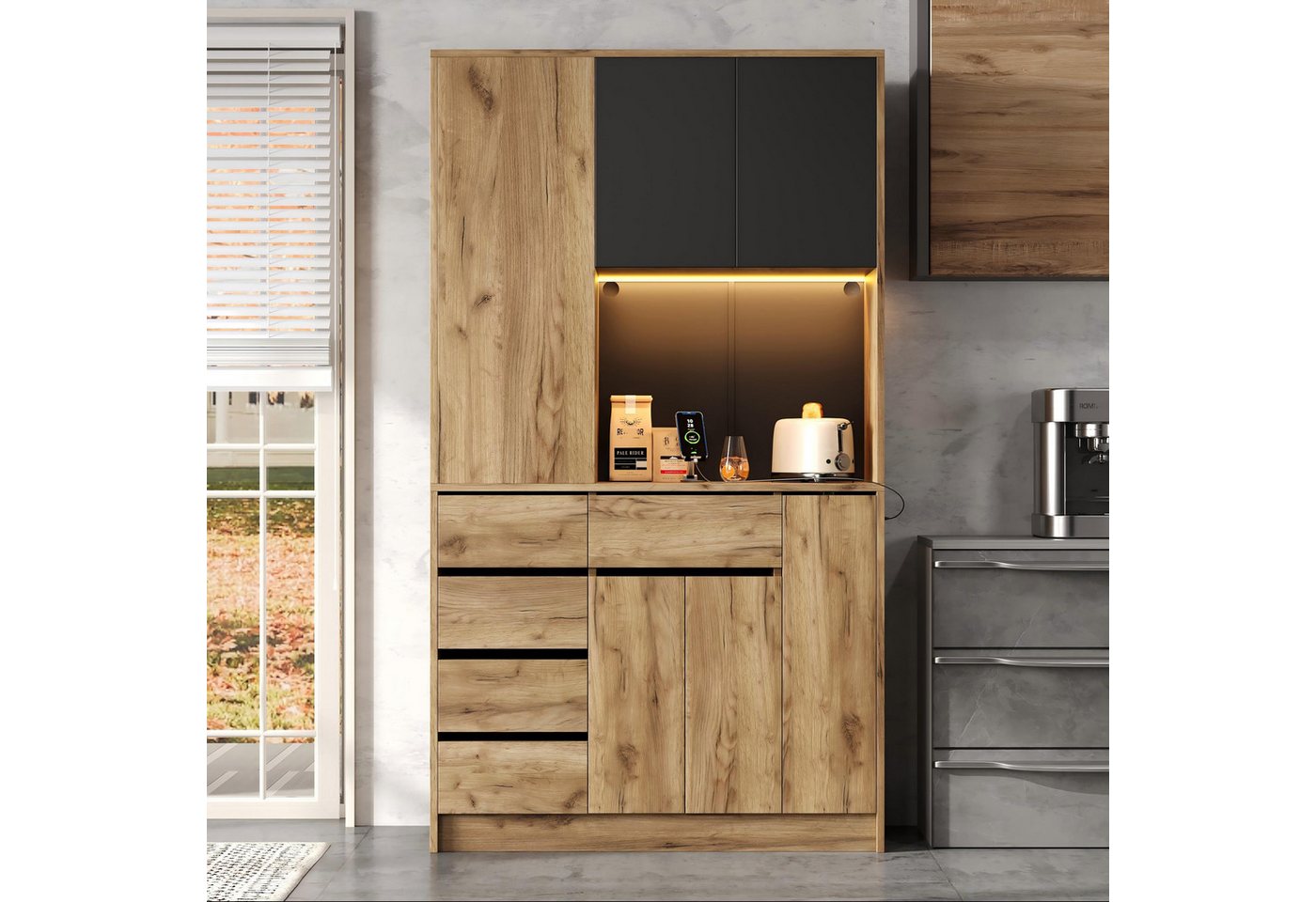 Flieks Küchenbuffet mit Steckdose, LED-Beleuchtung, Schubladen und Türen in Holzoptik (1-St., 105x40x185 cm) Hochschrank Küchenschrank Geschirrschrank mit verst – Bild 2 von 5