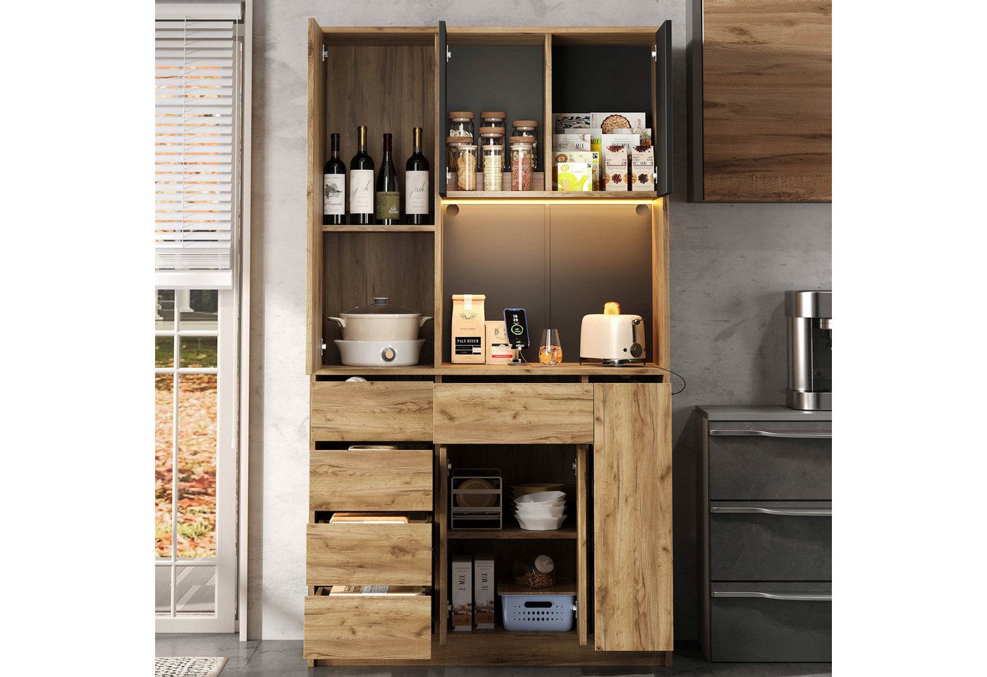 Flieks Küchenbuffet mit Steckdose, LED-Beleuchtung, Schubladen und Türen in Holzoptik (1-St., 105x40x185 cm) Hochschrank Küchenschrank Geschirrschrank mit verst – Bild 3 von 5