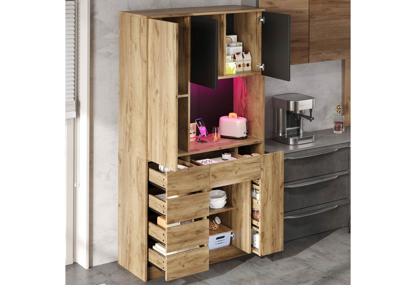 Flieks Küchenbuffet mit Steckdose, LED-Beleuchtung, Schubladen und Türen in Holzoptik (1-St., 105x40x185 cm) Hochschrank Küchenschrank Geschirrschrank mit verst – Bild 4 von 5