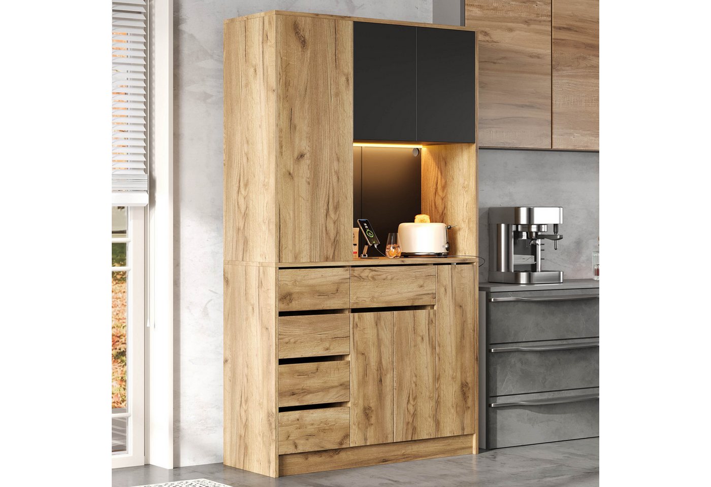 Flieks Küchenbuffet mit Steckdose, LED-Beleuchtung, Schubladen und Türen in Holzoptik (1-St., 105x40x185 cm) Hochschrank Küchenschrank Geschirrschrank mit verst – Bild 5 von 5