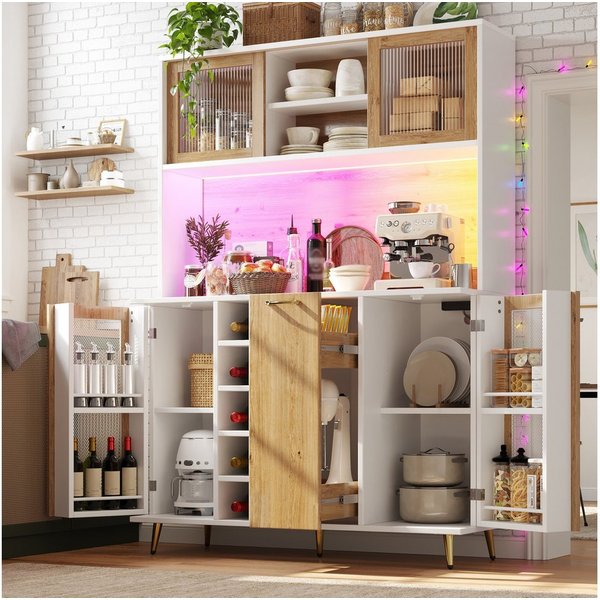 Flieks Küchenbuffet mit Steckdose, LED-Beleuchtung, Glasschiebetüren und Weinregal (Buffetschrank in Holzoptik mit Glasschiebetüren und Drahtgitter-Türen, 1-St.