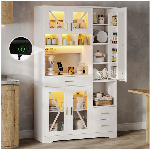 Flieks Küchenbuffet mit Steckdosen, LED-Beleuchtung und verstellbaren Einlegeböden (1-St., B105/T40/H185 cm) Hochschrank Küchenschrank mit Glastüren und Schubla