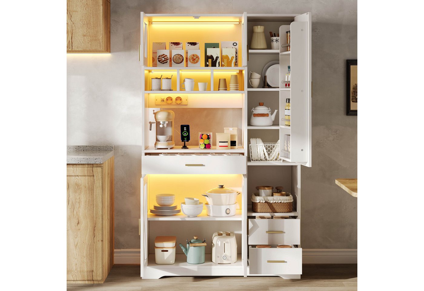 Flieks Küchenbuffet mit Steckdosen, LED-Beleuchtung und verstellbaren Einlegeböden (1-St., B105/T40/H185 cm) Hochschrank Küchenschrank mit Glastüren und Schubla – Bild 2 von 5