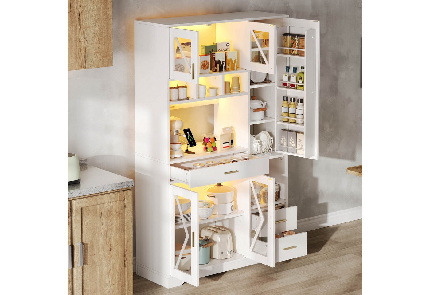 Flieks Küchenbuffet mit Steckdosen, LED-Beleuchtung und verstellbaren Einlegeböden (1-St., B105/T40/H185 cm) Hochschrank Küchenschrank mit Glastüren und Schubla – Bild 3 von 5