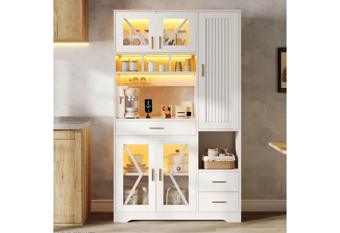 Flieks Küchenbuffet mit Steckdosen, LED-Beleuchtung und verstellbaren Einlegeböden (1-St., B105/T40/H185 cm) Hochschrank Küchenschrank mit Glastüren und Schubla – Bild 4 von 5