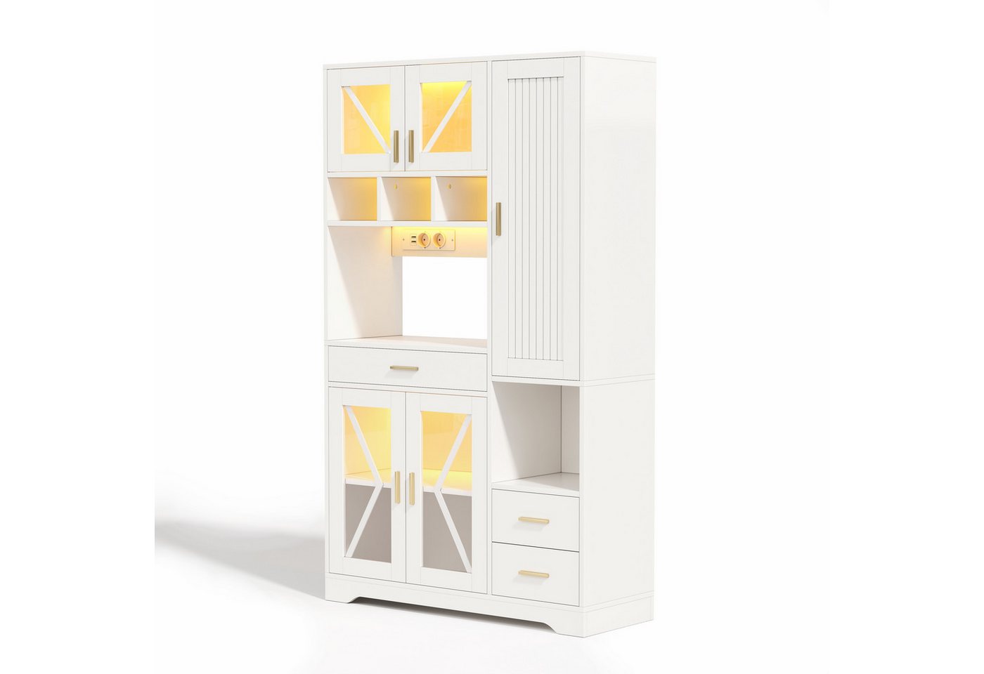 Flieks Küchenbuffet mit Steckdosen, LED-Beleuchtung und verstellbaren Einlegeböden (1-St., B105/T40/H185 cm) Hochschrank Küchenschrank mit Glastüren und Schubla – Bild 5 von 5