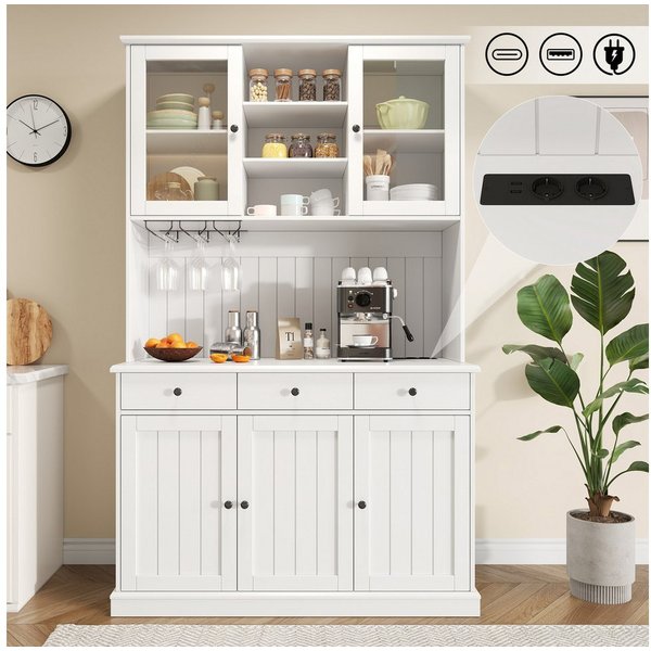 Flieks Küchenbuffet mit Steckdosen, Gläserhalter, Schubladen und Glastüren (Arbeitsplatte mit USB-C- und USB-A-Anschlüssen, 1-St., 120x40x191 cm) Hochschrank Kü