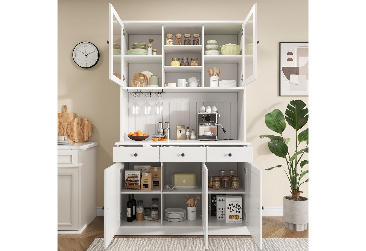 Flieks Küchenbuffet mit Steckdosen, Gläserhalter, Schubladen und Glastüren (Arbeitsplatte mit USB-C- und USB-A-Anschlüssen, 1-St., 120x40x191 cm) Hochschrank Kü – Bild 2 von 5