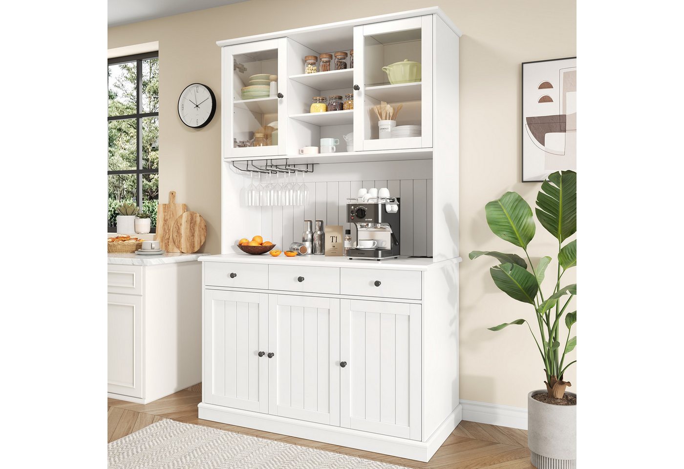 Flieks Küchenbuffet mit Steckdosen, Gläserhalter, Schubladen und Glastüren (Arbeitsplatte mit USB-C- und USB-A-Anschlüssen, 1-St., 120x40x191 cm) Hochschrank Kü – Bild 3 von 5