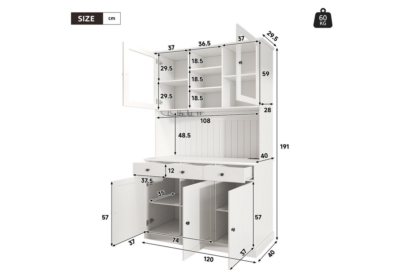Flieks Küchenbuffet mit Steckdosen, Gläserhalter, Schubladen und Glastüren (Arbeitsplatte mit USB-C- und USB-A-Anschlüssen, 1-St., 120x40x191 cm) Hochschrank Kü – Bild 5 von 5