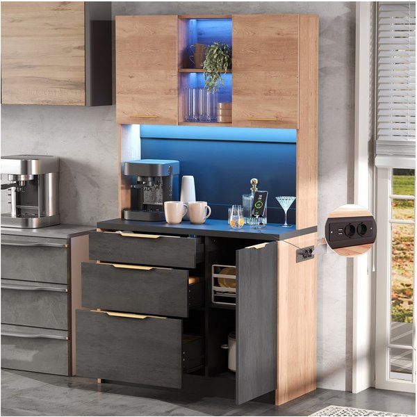 Flieks Küchenbuffet mit Steckdosen und LED-Beleuchtung, Holzoptik&Zementstrukturoptik (1-St., 100×40×180 cm) Küchenschrank Hochschrank mit schwarzer Arbeitsplat