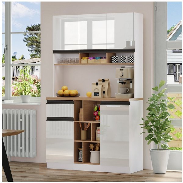 Flieks Küchenbuffet mit verstellbare Ablagen Hochschrank Hochglanz (1-St., B105/T45/H185 cm) Küchenschrank Geschirrschrank mit Schubladen und Stauraum weiß
