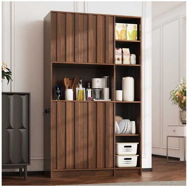 Flieks Küchenbuffet multifunktionaler Hochschrank mit Steckdosen, LED-Beleuchtung (B105/T40/H180 cm, 1-St) Mehrzweckschrank Küchenschrank Bücherregal Wohnzimmer