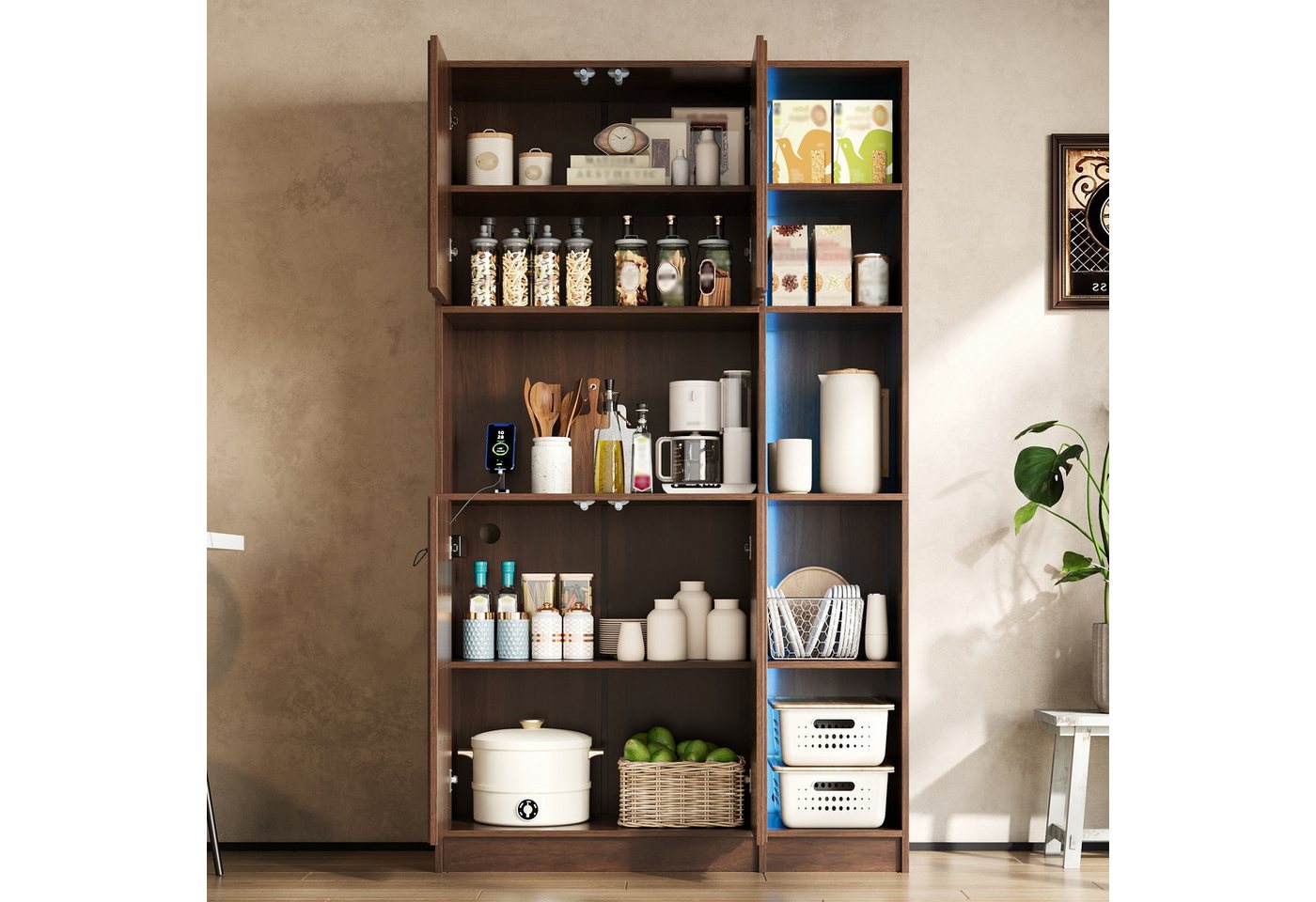 Flieks Küchenbuffet multifunktionaler Hochschrank mit Steckdosen, LED-Beleuchtung (B105/T40/H180 cm, 1-St) Mehrzweckschrank Küchenschrank Bücherregal Wohnzimmer – Bild 2 von 5