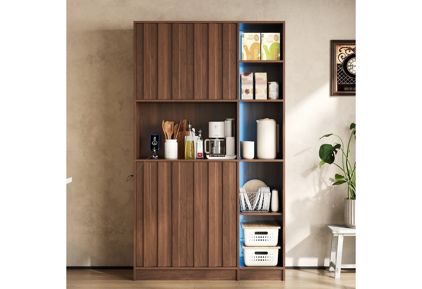 Flieks Küchenbuffet multifunktionaler Hochschrank mit Steckdosen, LED-Beleuchtung (B105/T40/H180 cm, 1-St) Mehrzweckschrank Küchenschrank Bücherregal Wohnzimmer – Bild 3 von 5