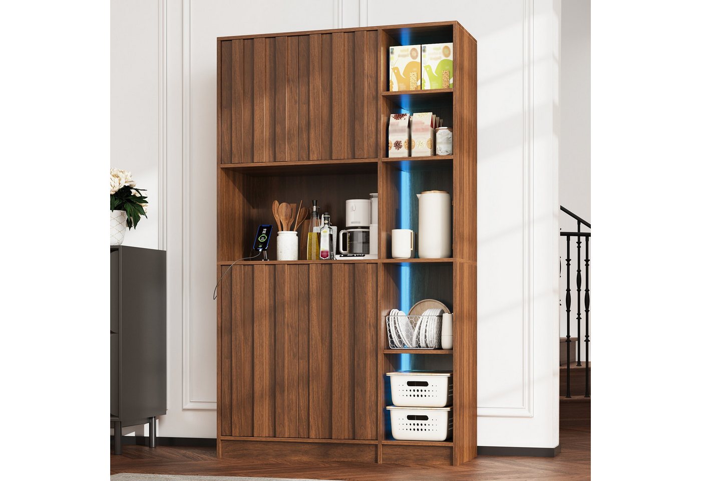 Flieks Küchenbuffet multifunktionaler Hochschrank mit Steckdosen, LED-Beleuchtung (B105/T40/H180 cm, 1-St) Mehrzweckschrank Küchenschrank Bücherregal Wohnzimmer – Bild 4 von 5