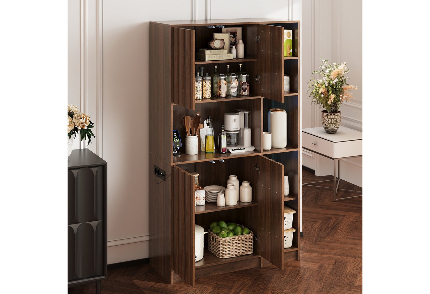Flieks Küchenbuffet multifunktionaler Hochschrank mit Steckdosen, LED-Beleuchtung (B105/T40/H180 cm, 1-St) Mehrzweckschrank Küchenschrank Bücherregal Wohnzimmer – Bild 5 von 5