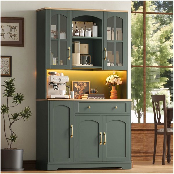 Flieks Küchenbuffet Retro Hochschrank Glasvitrine mit Arbeitsplatte Natur, LED-Beleuchtung (100x38x178 cm, 1-St) Multifunktionsschrank Vorratsschrank mit Glastü