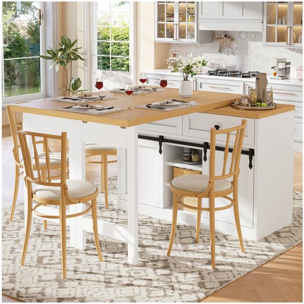 Flieks Kücheninsel mit Arbeitsplatte Holzoptik, Schiebetüren, 360° drehbar&klappbar Tisch, (verstellbare Länge 120-197/T40-80/H73.5 cm), Esstisch & Küchenschran