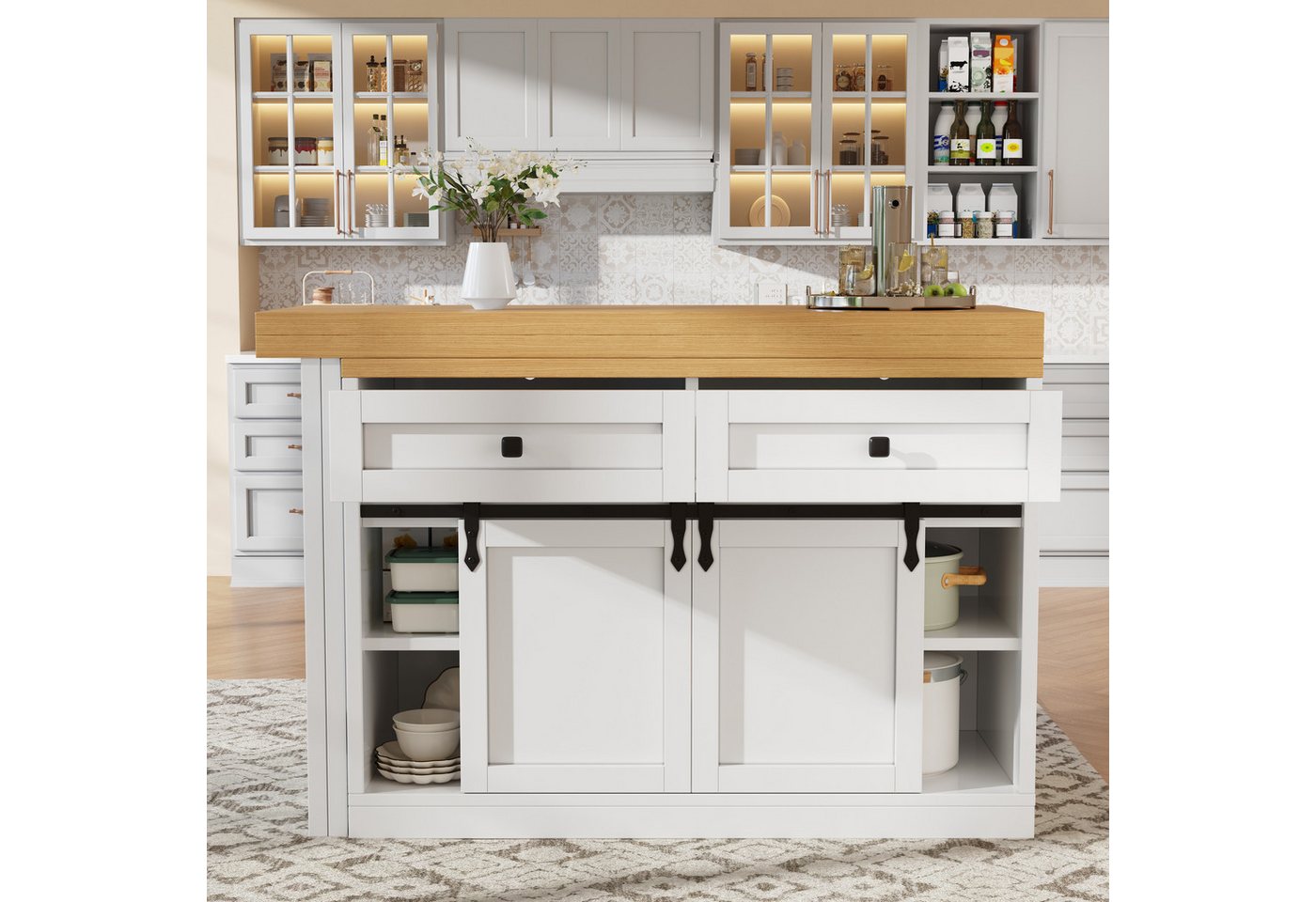 Flieks Kücheninsel mit Arbeitsplatte Holzoptik, Schiebetüren, 360° drehbar&klappbar Tisch, (verstellbare Länge 120-197/T40-80/H73.5 cm), Esstisch & Küchenschran – Bild 2 von 5