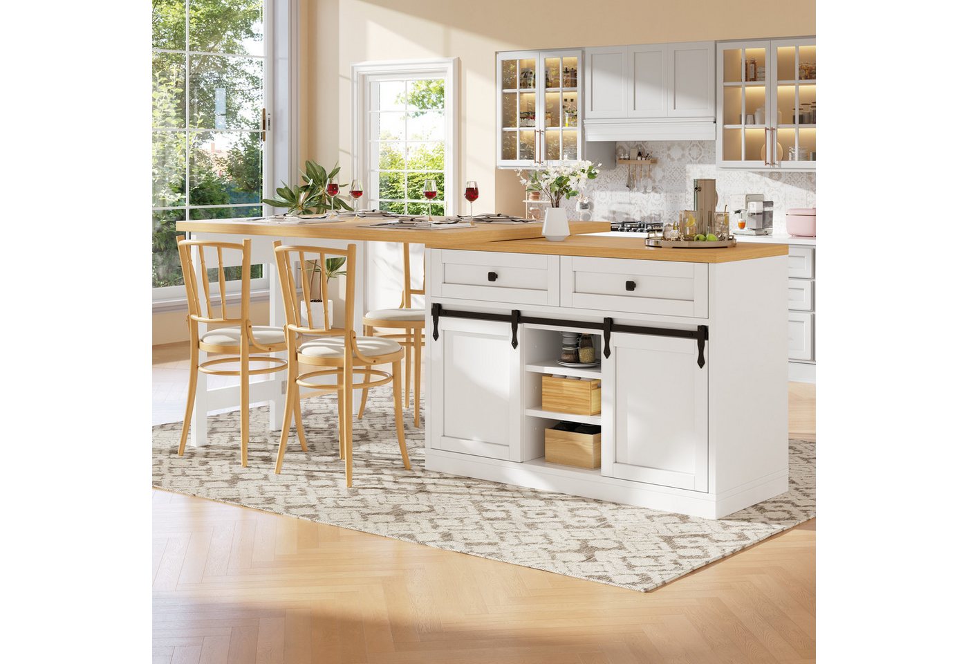 Flieks Kücheninsel mit Arbeitsplatte Holzoptik, Schiebetüren, 360° drehbar&klappbar Tisch, (verstellbare Länge 120-197/T40-80/H73.5 cm), Esstisch & Küchenschran – Bild 3 von 5
