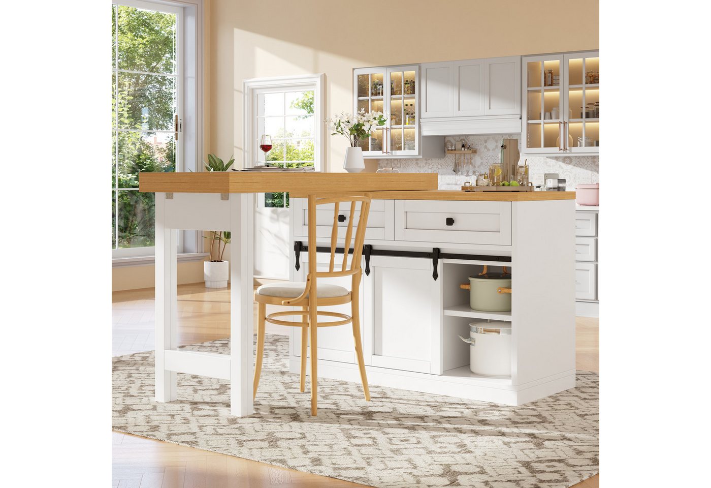 Flieks Kücheninsel mit Arbeitsplatte Holzoptik, Schiebetüren, 360° drehbar&klappbar Tisch, (verstellbare Länge 120-197/T40-80/H73.5 cm), Esstisch & Küchenschran – Bild 4 von 5