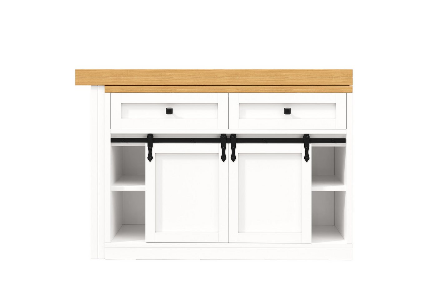 Flieks Kücheninsel mit Arbeitsplatte Holzoptik, Schiebetüren, 360° drehbar&klappbar Tisch, (verstellbare Länge 120-197/T40-80/H73.5 cm), Esstisch & Küchenschran – Bild 5 von 5