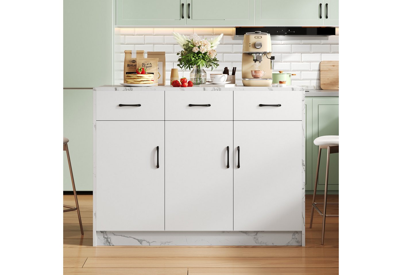 Flieks Kücheninsel mit Arbeitsplatte in Marmoroptik, (120x60x90,5 cm), Küchenschrank mit 3 Schubladen und 3 Türen Buffetschrank Weiß – Bild 2 von 5