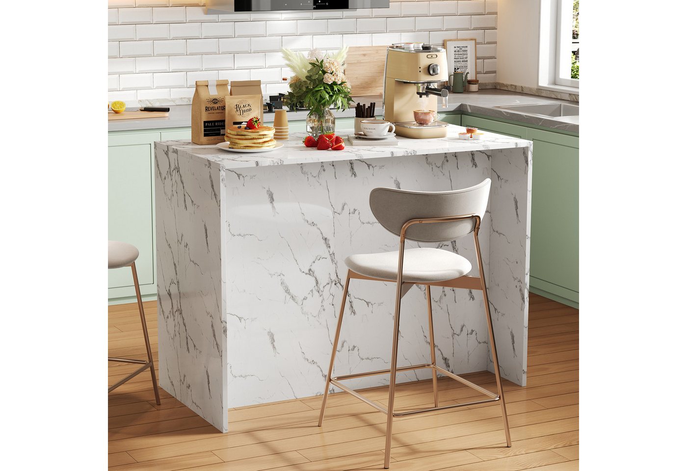 Flieks Kücheninsel mit Arbeitsplatte in Marmoroptik, (120x60x90,5 cm), Küchenschrank mit 3 Schubladen und 3 Türen Buffetschrank Weiß – Bild 3 von 5