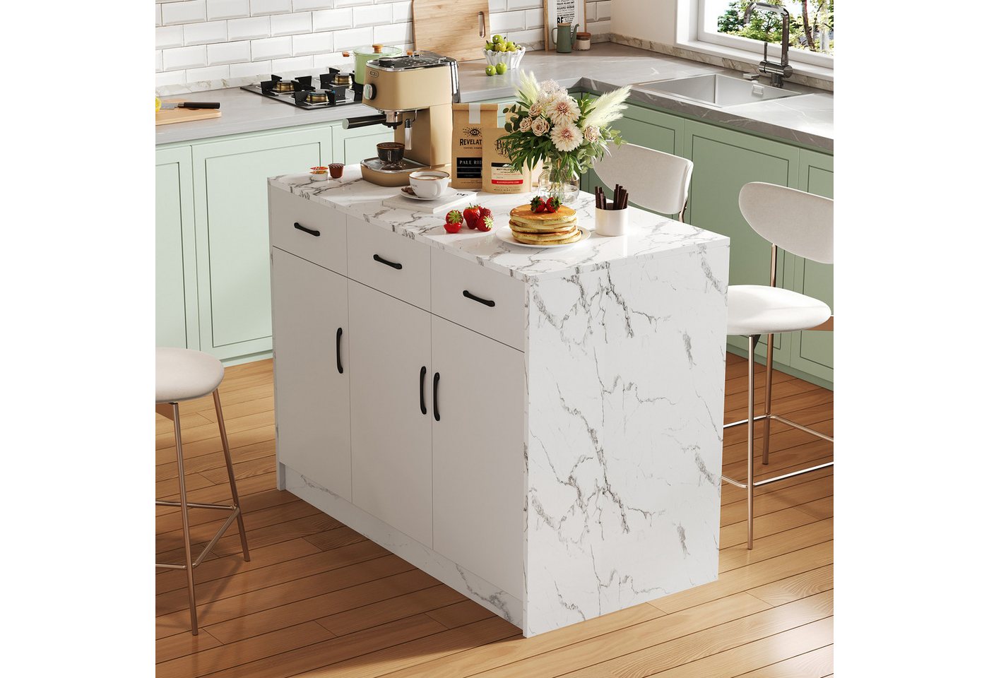 Flieks Kücheninsel mit Arbeitsplatte in Marmoroptik, (120x60x90,5 cm), Küchenschrank mit 3 Schubladen und 3 Türen Buffetschrank Weiß – Bild 4 von 5