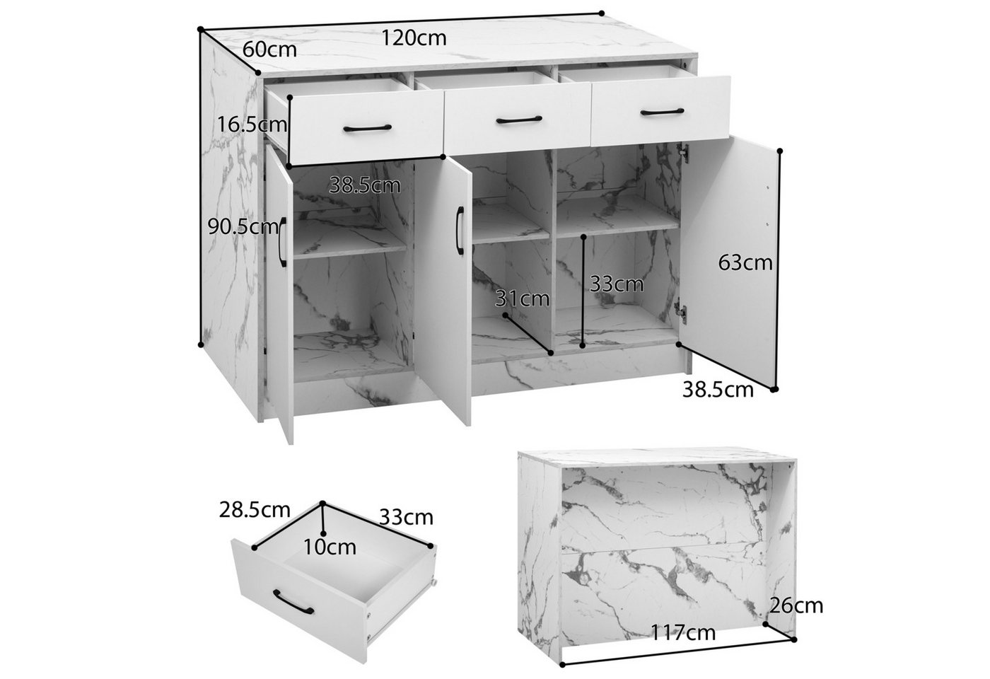 Flieks Kücheninsel mit Arbeitsplatte in Marmoroptik, (120x60x90,5 cm), Küchenschrank mit 3 Schubladen und 3 Türen Buffetschrank Weiß – Bild 5 von 5