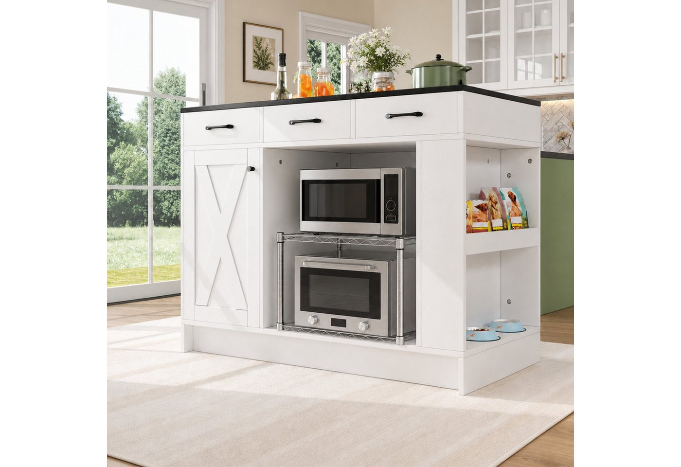 Flieks Kücheninsel mit Schubladen, Türablagen und verstellbaren Ablagen, (B120/T60/H90 cm), Küchenschrank mit Haustierruhebereich und Stauraum Mehrzweckschrank – Bild 3 von 5