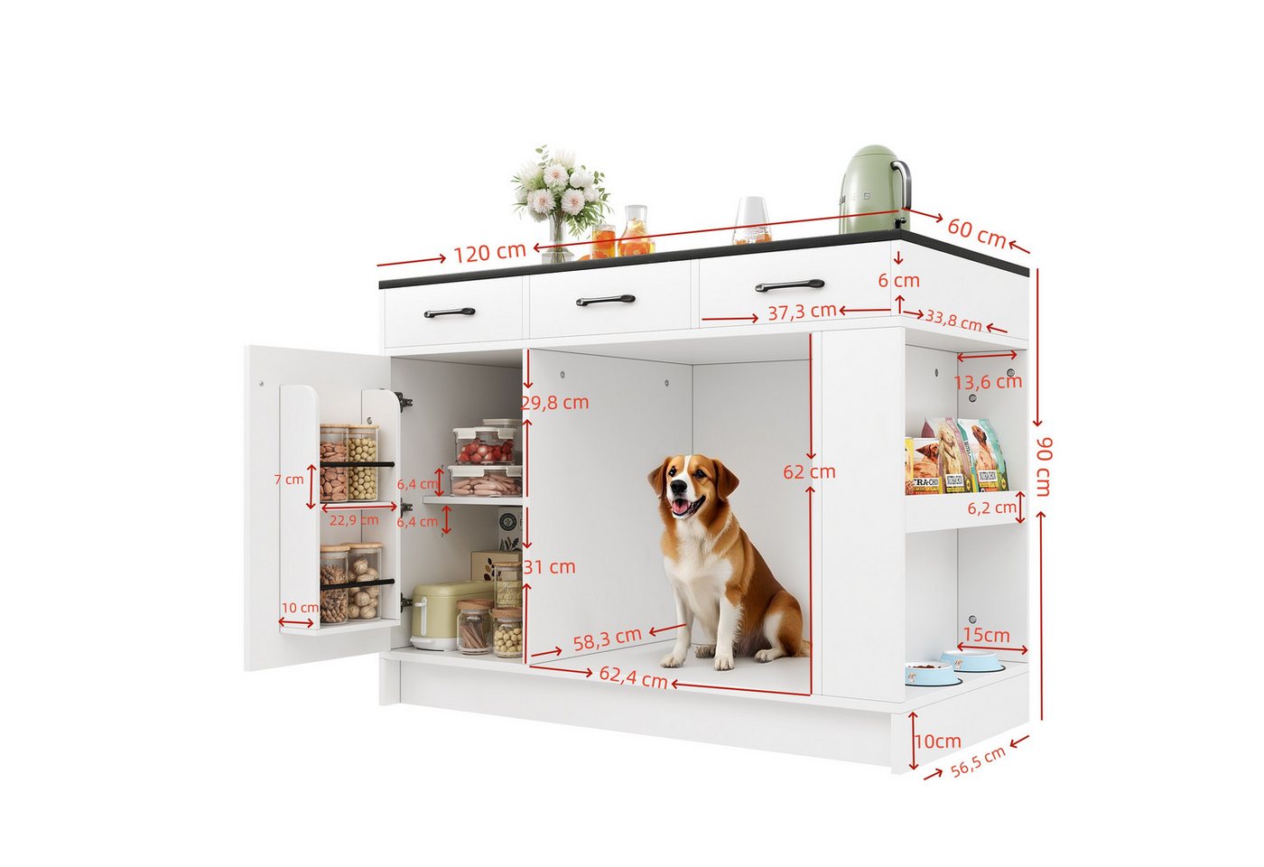 Flieks Kücheninsel mit Schubladen, Türablagen und verstellbaren Ablagen, (B120/T60/H90 cm), Küchenschrank mit Haustierruhebereich und Stauraum Mehrzweckschrank – Bild 5 von 5