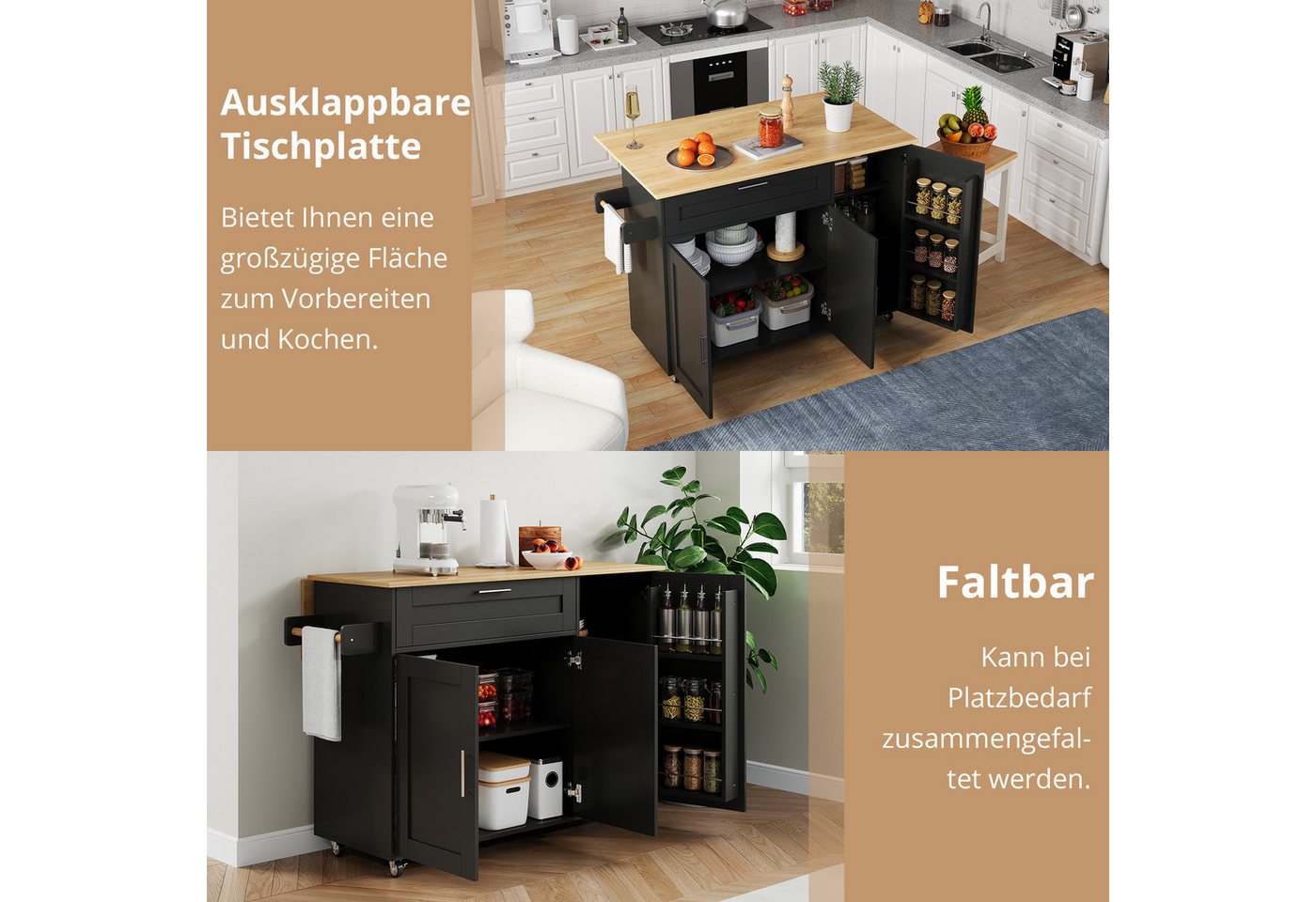 Flieks Küchenwagen mit erweiterbare Arbeitsplatte, Türablagen und Schubladen, (1 St), Kücheninsel mit klappbare Tischplatte Servierwagen Küchenschrank – Bild 5 von 5