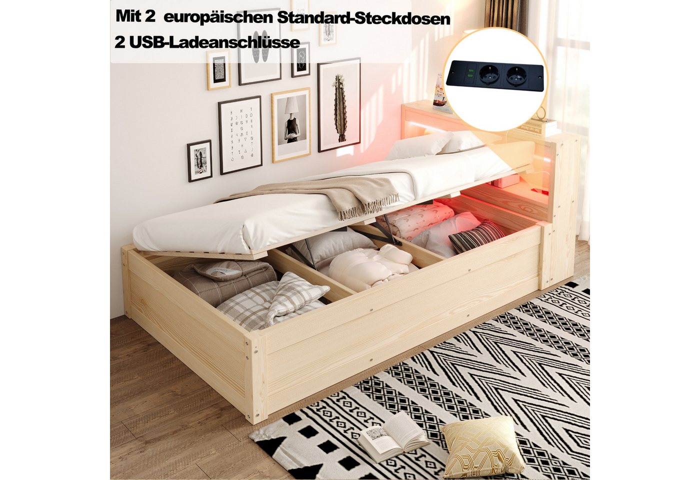 Flieks Massivholzbett, Hydraulisches Stauraumbett Daybett 90×200cm mit LED-Leiste & Aufladen – Bild 5 von 5