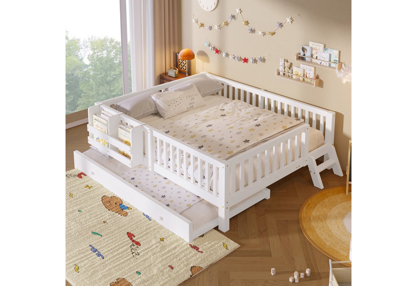 Flieks Massivholzbett, Kinderbett 140x200cm mit Ausziehbett 90x190cm, Ablagefächer, Geländer – Bild 2 von 5