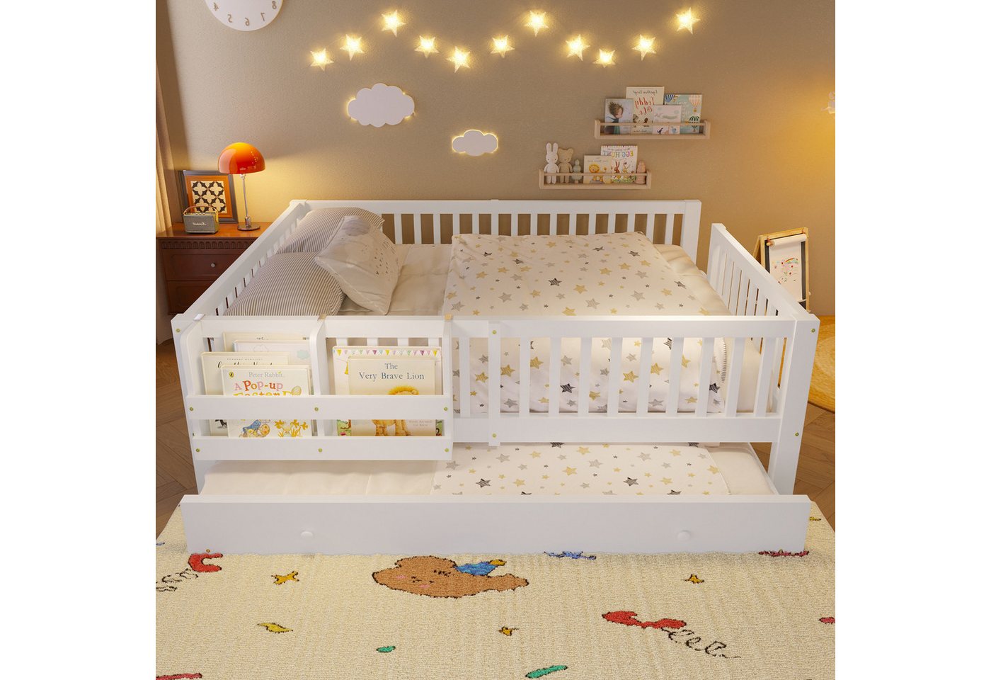 Flieks Massivholzbett, Kinderbett 140x200cm mit Ausziehbett 90x190cm, Ablagefächer, Geländer – Bild 3 von 5