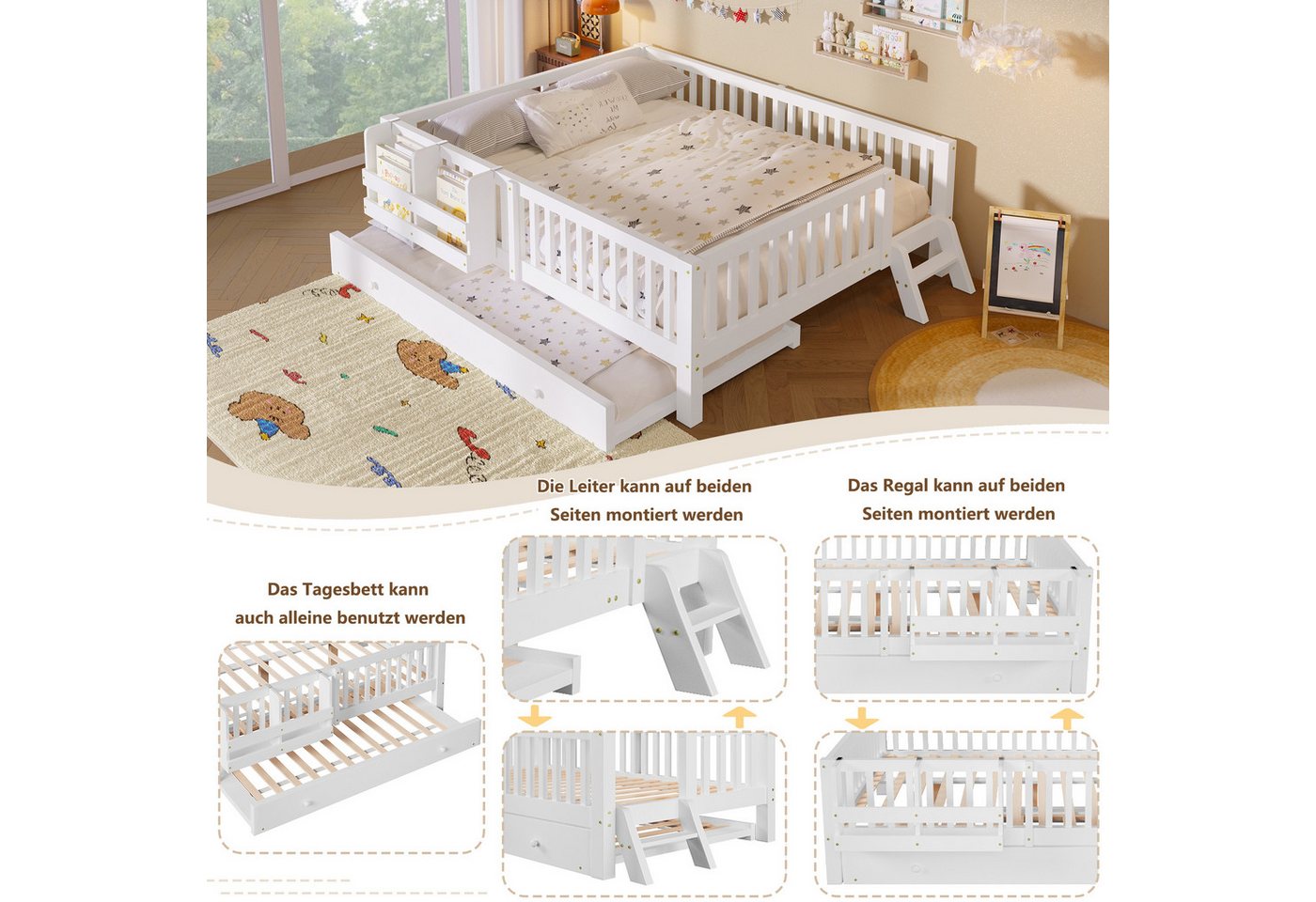 Flieks Massivholzbett, Kinderbett 140x200cm mit Ausziehbett 90x190cm, Ablagefächer, Geländer – Bild 4 von 5