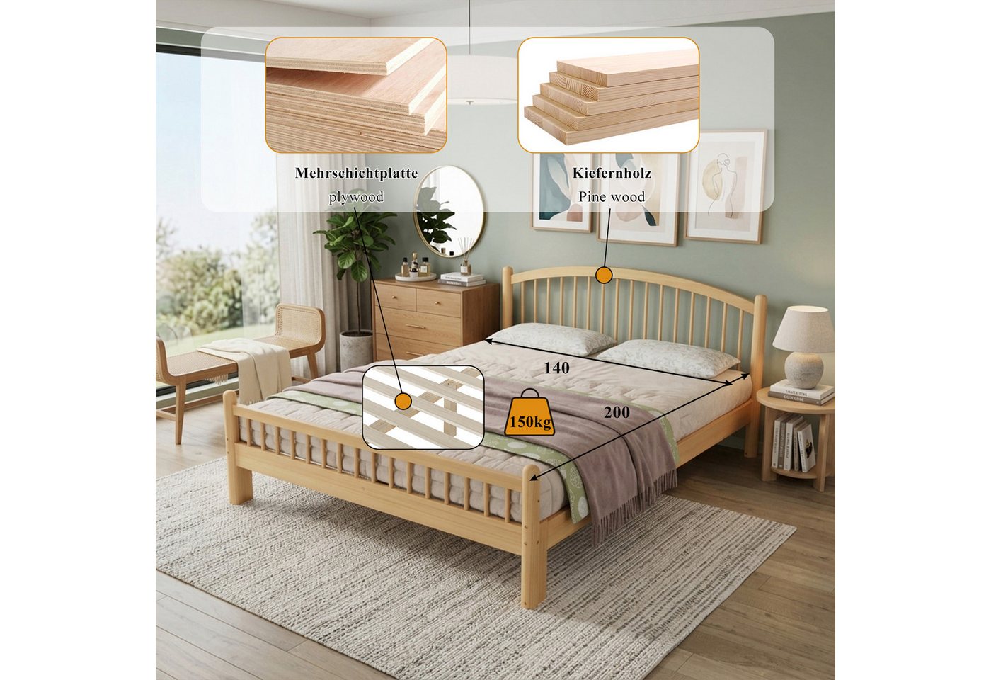 Flieks Massivholzbett, Kinderbett 140x200cm mit Lattenrost, minimalistisches Design – Bild 4 von 5