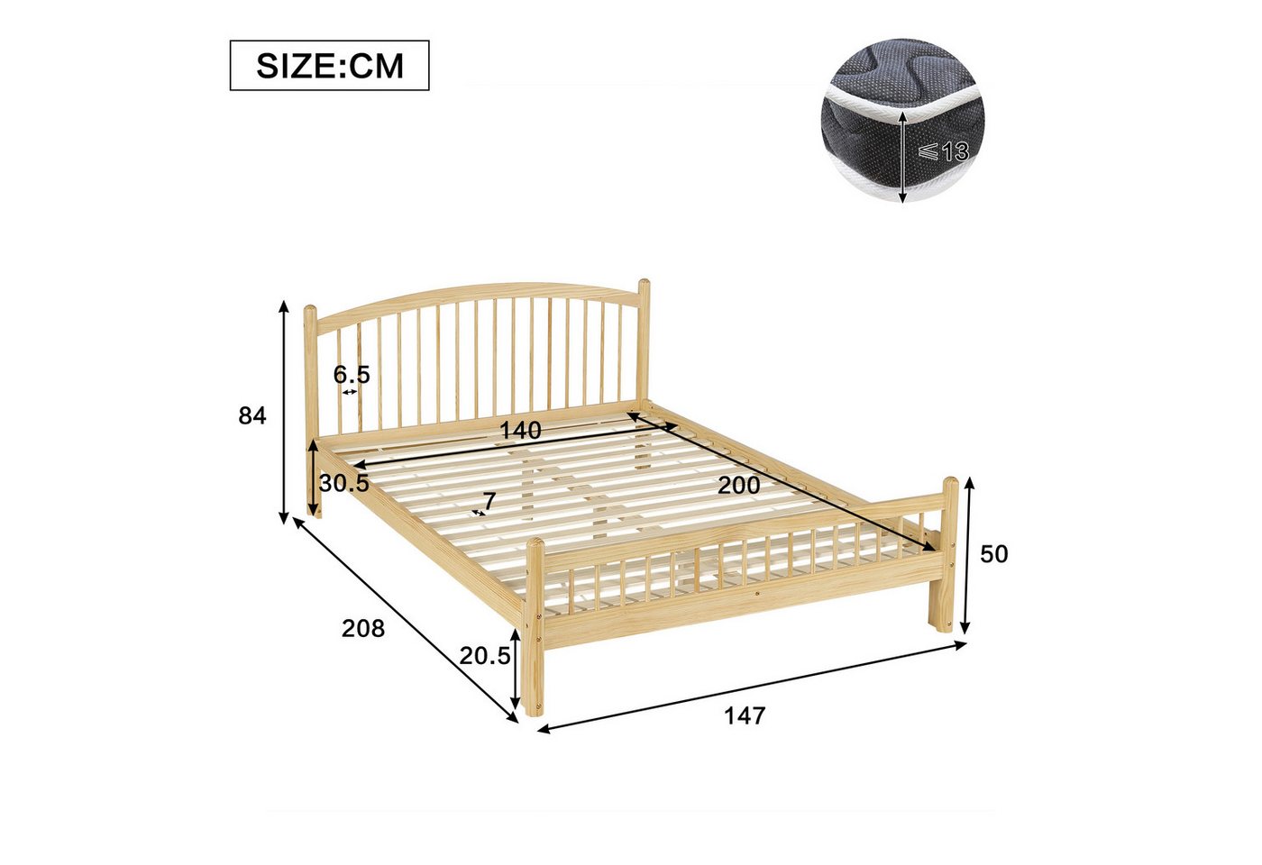 Flieks Massivholzbett, Kinderbett 140x200cm mit Lattenrost, minimalistisches Design – Bild 5 von 5