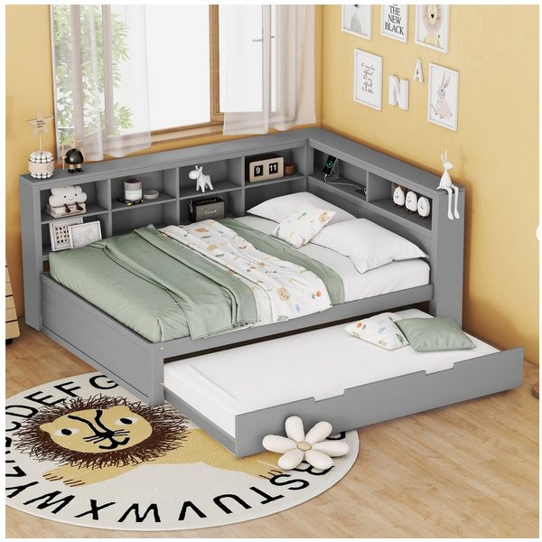 Flieks Massivholzbett, Doppelbett 140x200cm mit Stauraum, USB-Aufladen und Unterbett 90x190cm