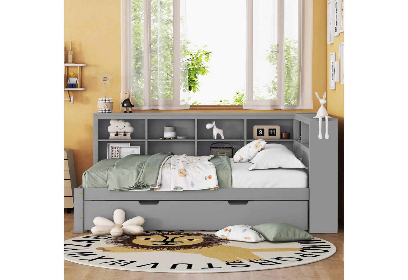 Flieks Massivholzbett, Doppelbett 140x200cm mit Stauraum, USB-Aufladen und Unterbett 90x190cm – Bild 2 von 5